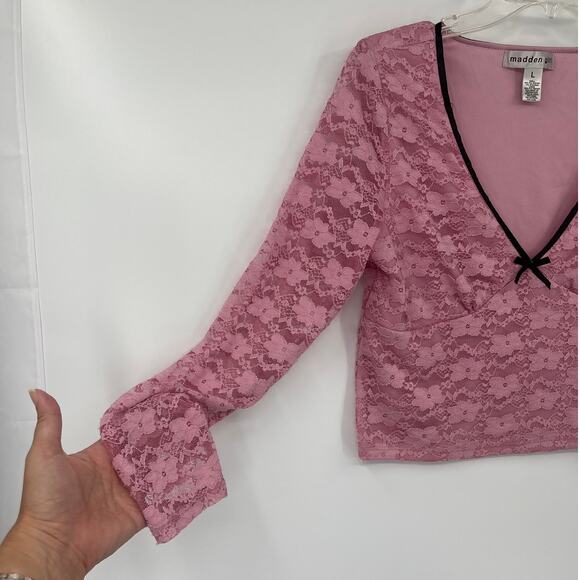 Madden Girl Y2K Babydoll Lace Top Sz L Cropped Coquette Bow Romantic Ballet Soft - Picture 3 of 8